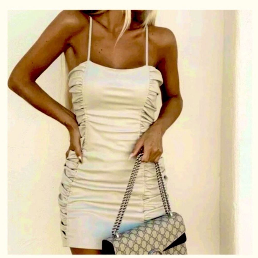ZARA BLOGGER FAVORITE STONE FAUX LEATHER DRAPED EFFECT BODYCON MINI DRESS NWT M